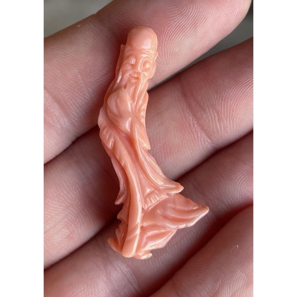 1 9/16" RARE Antique Chinese Hand Carved Coral God Shou Lao Immortal Asian Art - Picture 6 of 12